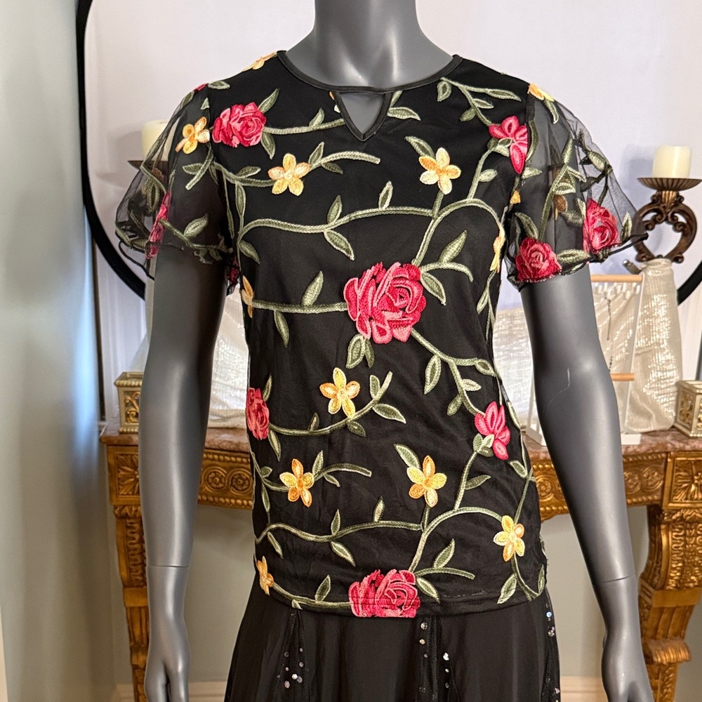 SHEIN Black Top with Red and Yellow Floral Embroidery